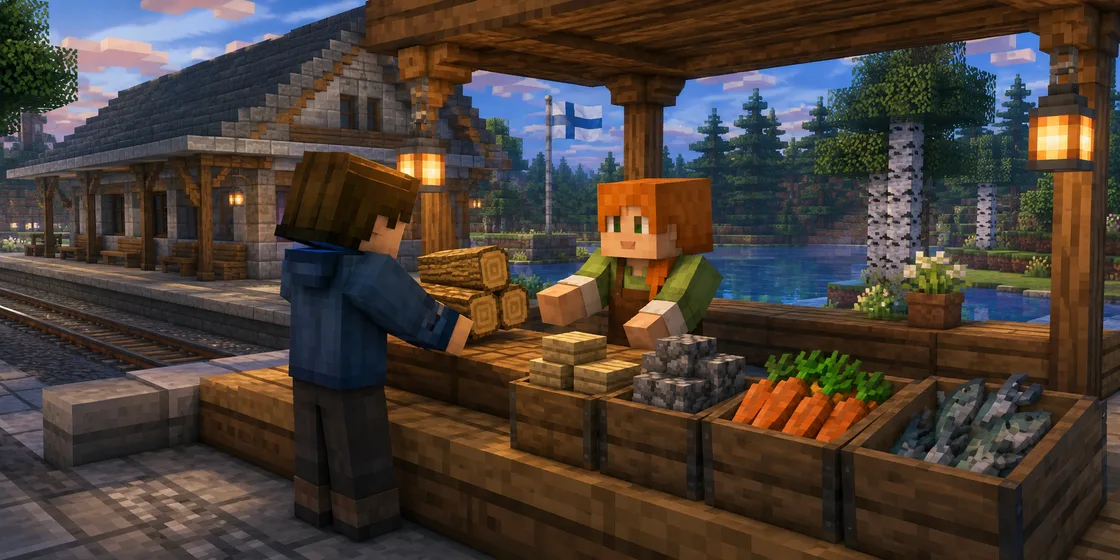 Palikkamainen kuvitus pelaajista ja tavaroista suomalaisen aseman toripisteellä.